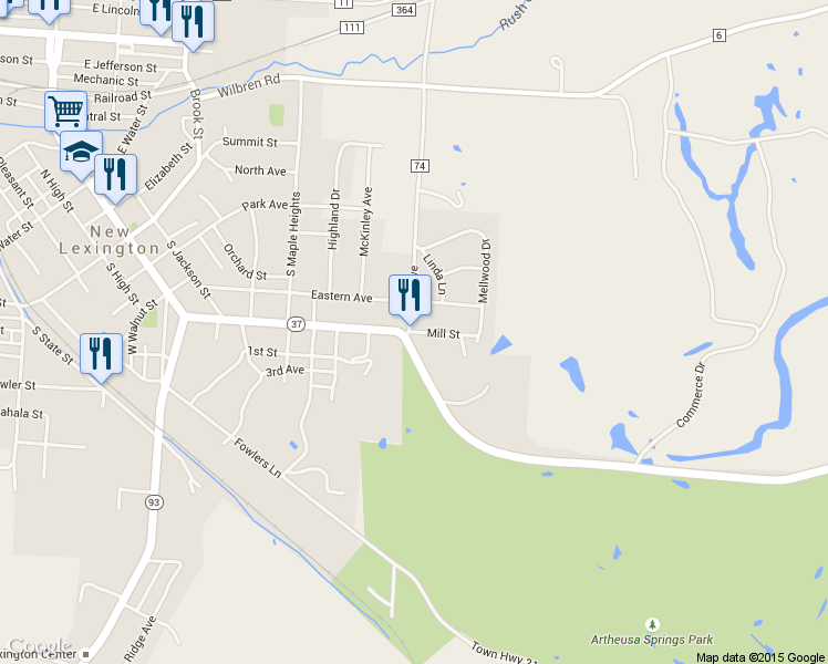 map of restaurants, bars, coffee shops, grocery stores, and more near 606 Mill Street in New Lexington