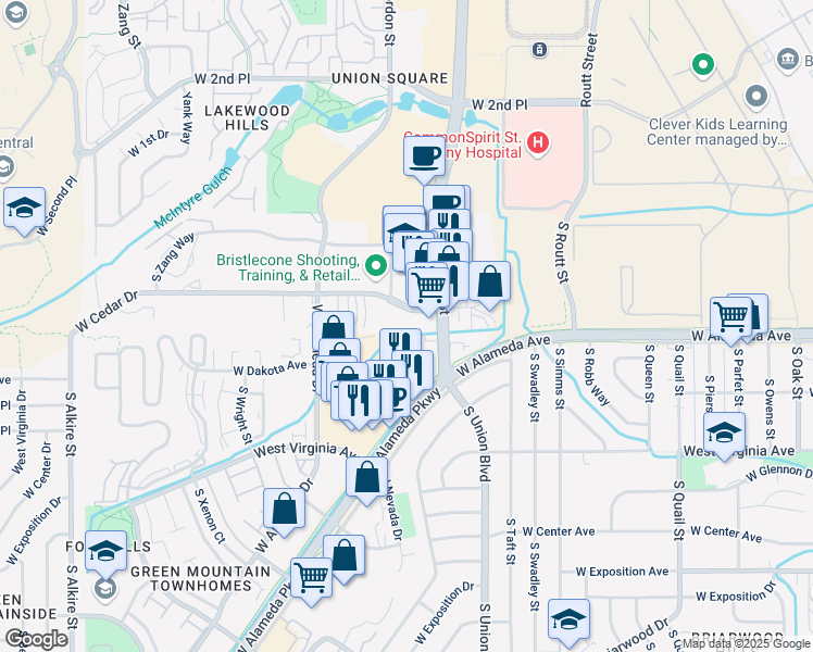 map of restaurants, bars, coffee shops, grocery stores, and more near 305 South Union Boulevard in Lakewood