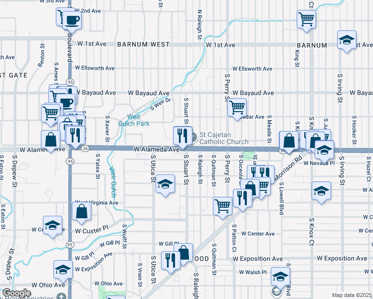 map of restaurants, bars, coffee shops, grocery stores, and more near West Alameda Avenue & South Stuart Street in Denver