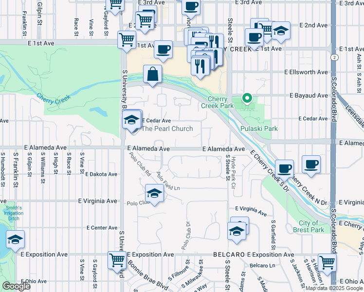 map of restaurants, bars, coffee shops, grocery stores, and more near 2899 East Alameda Avenue in Denver