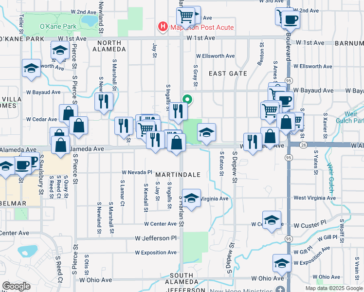 map of restaurants, bars, coffee shops, grocery stores, and more near W Alameda Ave & S Harlan St in Lakewood