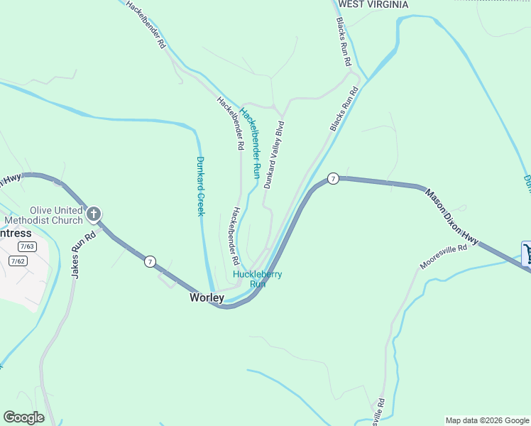 map of restaurants, bars, coffee shops, grocery stores, and more near 93 Dunkard Valley Boulevard in Core