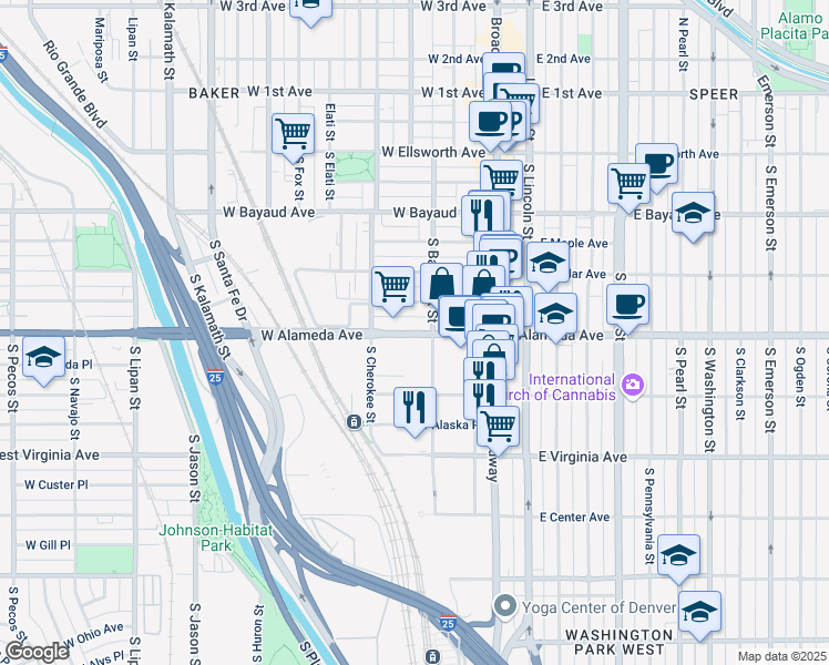 map of restaurants, bars, coffee shops, grocery stores, and more near 190 West Alameda Avenue in Denver