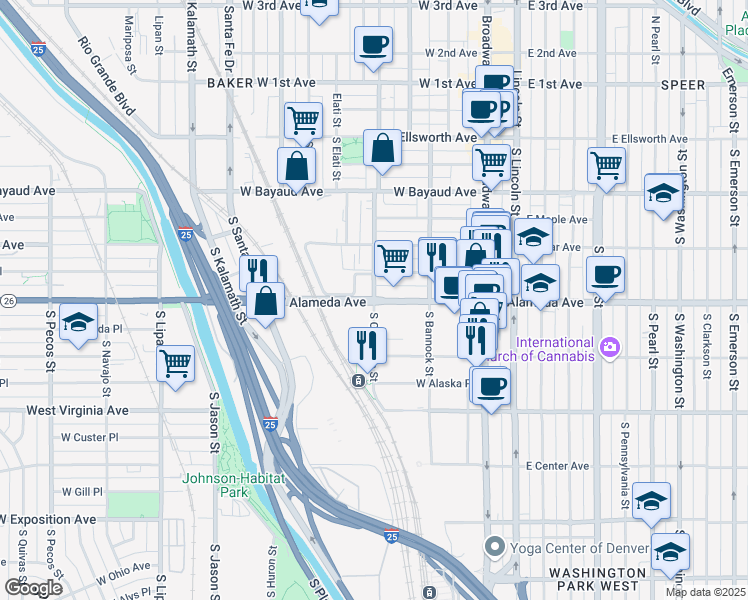 map of restaurants, bars, coffee shops, grocery stores, and more near 255 South Cherokee Street in Denver