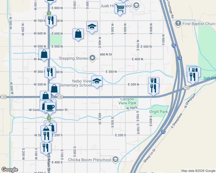 map of restaurants, bars, coffee shops, grocery stores, and more near 480 East 200 North in Nephi
