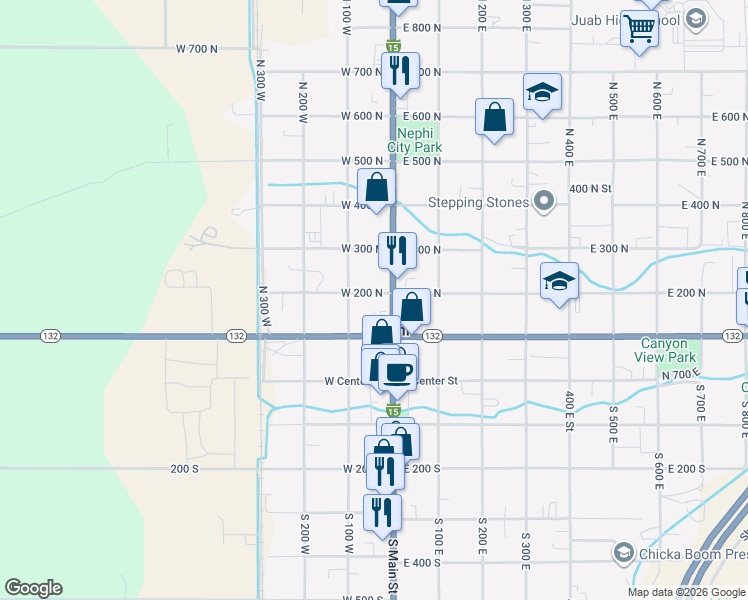 map of restaurants, bars, coffee shops, grocery stores, and more near 25 West 200 North in Nephi