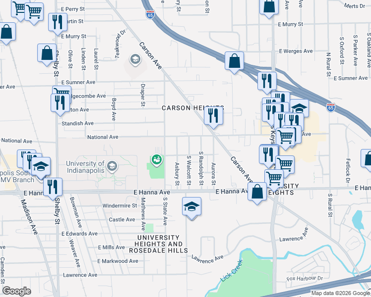 map of restaurants, bars, coffee shops, grocery stores, and more near 1760 Atlantic Street in Indianapolis