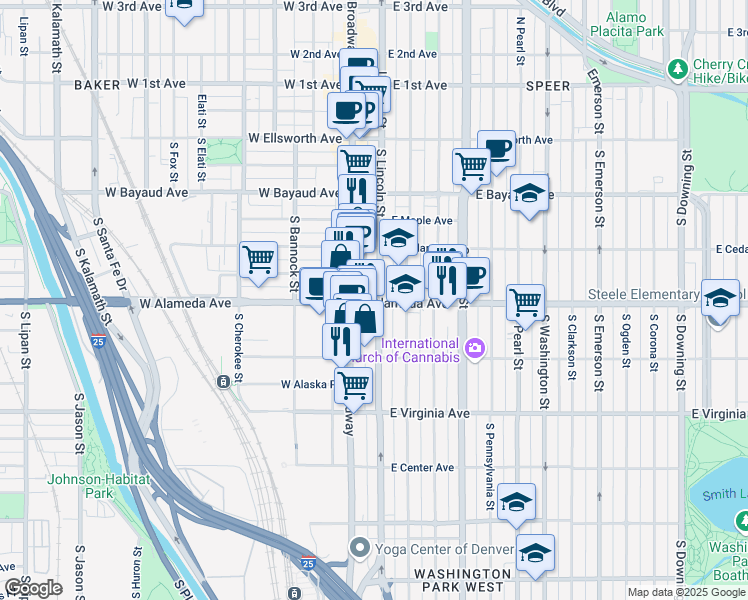map of restaurants, bars, coffee shops, grocery stores, and more near 63 East Alameda Avenue in Denver