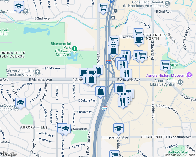 map of restaurants, bars, coffee shops, grocery stores, and more near E Alameda Ave & S Potomac St in Aurora