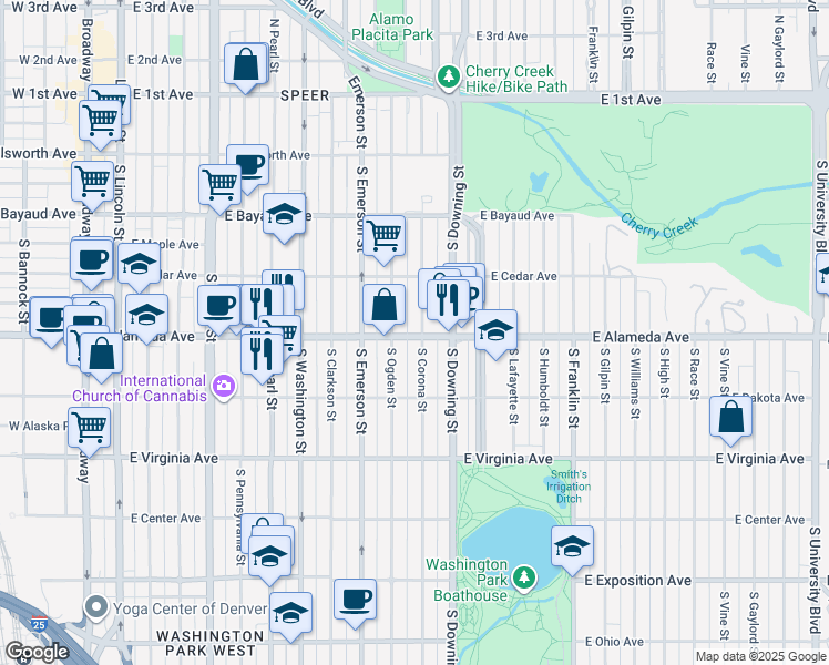map of restaurants, bars, coffee shops, grocery stores, and more near 308 South Corona Street in Denver