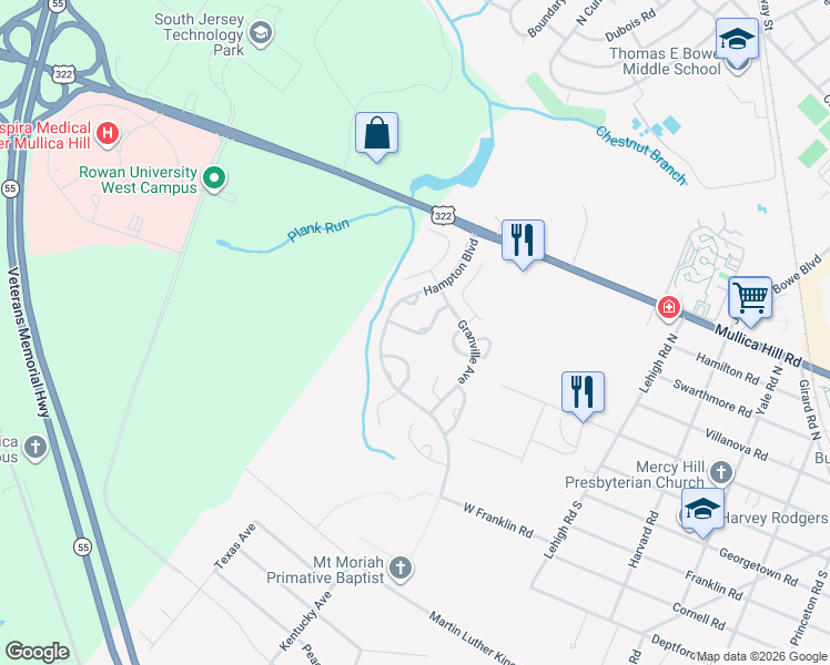 map of restaurants, bars, coffee shops, grocery stores, and more near 121 Stoneham Drive in Glassboro