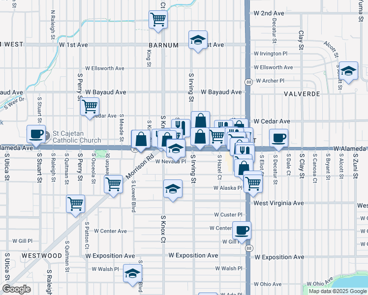 map of restaurants, bars, coffee shops, grocery stores, and more near in Denver