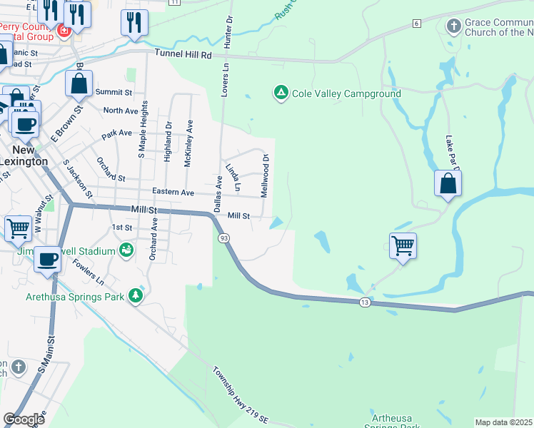 map of restaurants, bars, coffee shops, grocery stores, and more near 646 Mellwood Drive in New Lexington