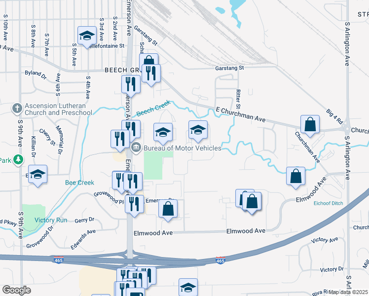 map of restaurants, bars, coffee shops, grocery stores, and more near 5249 Hornet Avenue in Beech Grove