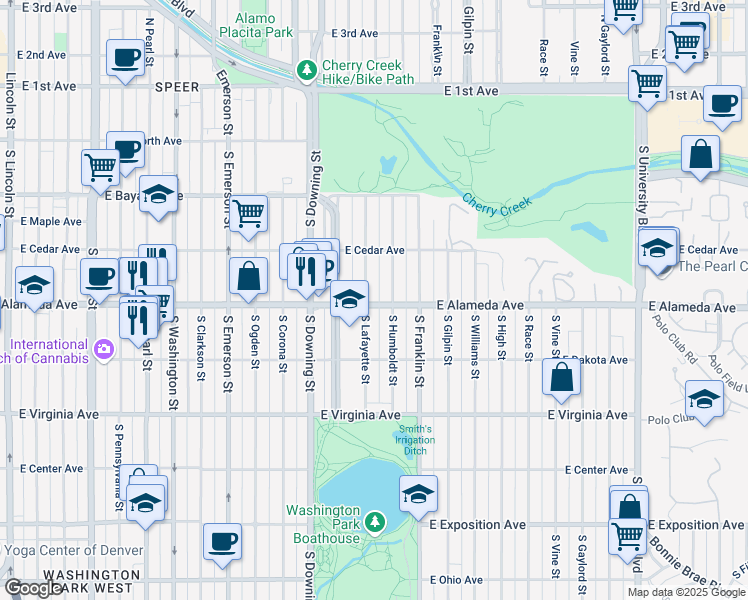 map of restaurants, bars, coffee shops, grocery stores, and more near 303 South Humboldt Street in Denver