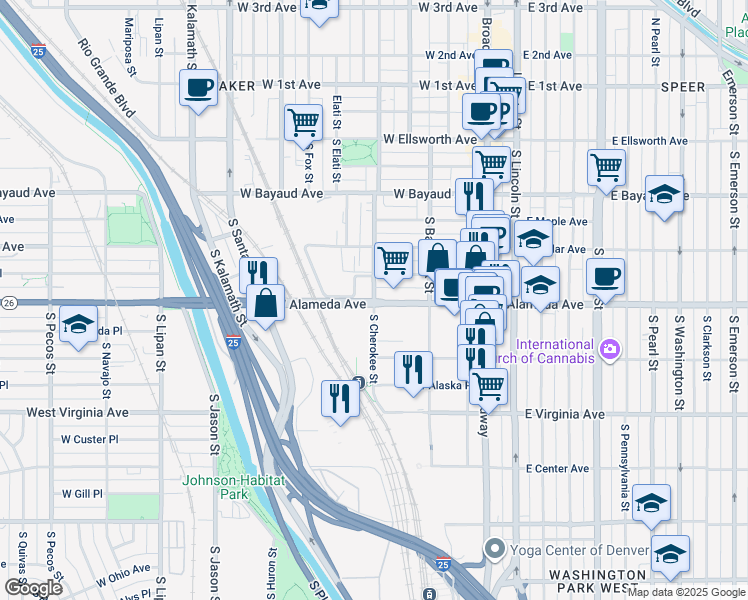 map of restaurants, bars, coffee shops, grocery stores, and more near 295 South Cherokee Street in Denver