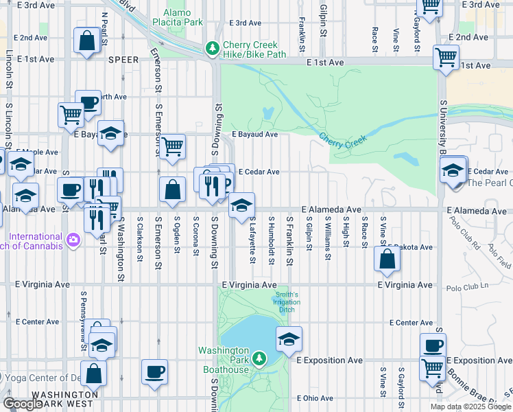 map of restaurants, bars, coffee shops, grocery stores, and more near 293 North Lafayette Street in Denver