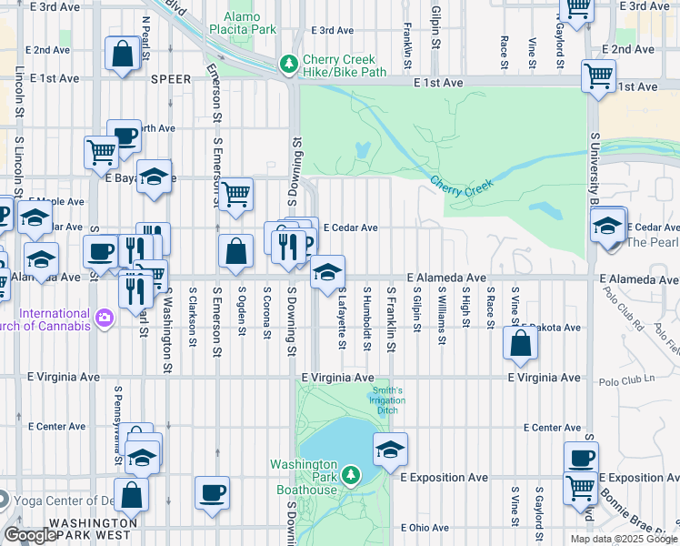 map of restaurants, bars, coffee shops, grocery stores, and more near 291 South Lafayette Street in Denver