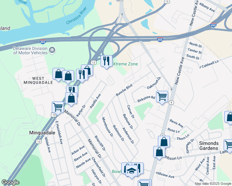 map of restaurants, bars, coffee shops, grocery stores, and more near 139 Bunche Boulevard in Wilmington