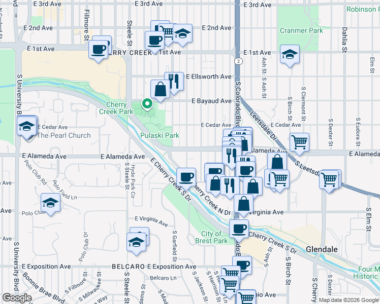 map of restaurants, bars, coffee shops, grocery stores, and more near 314 South Monroe Street in Denver