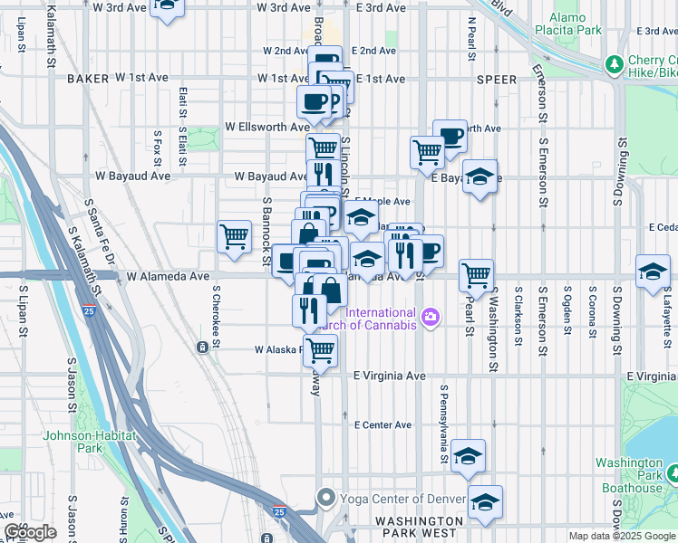 map of restaurants, bars, coffee shops, grocery stores, and more near 63 East Alameda Avenue in Denver