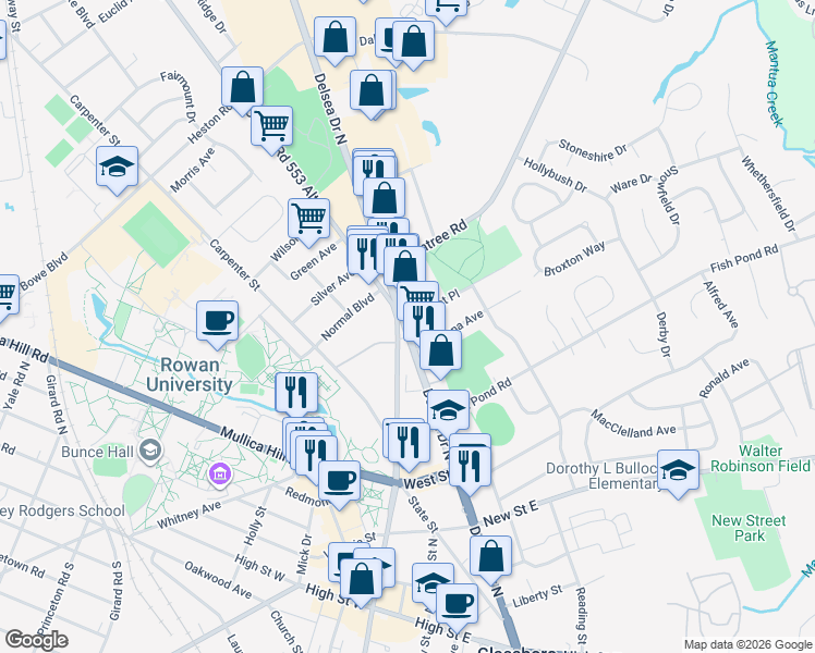 map of restaurants, bars, coffee shops, grocery stores, and more near 40 Campus Terrace in Glassboro