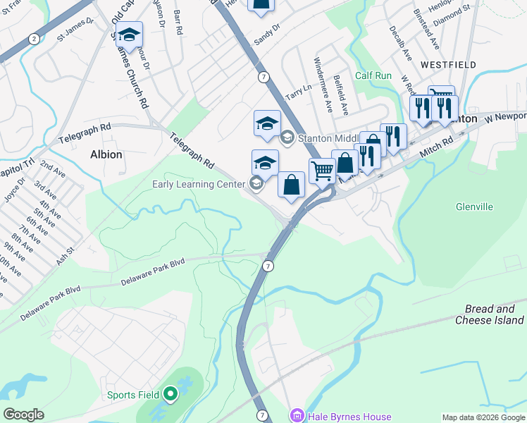 map of restaurants, bars, coffee shops, grocery stores, and more near 1612 Telegraph Road in Wilmington