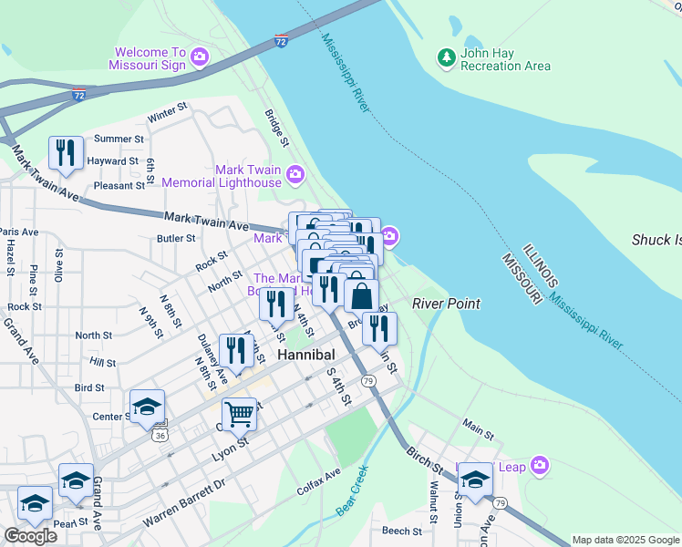 map of restaurants, bars, coffee shops, grocery stores, and more near in Hannibal
