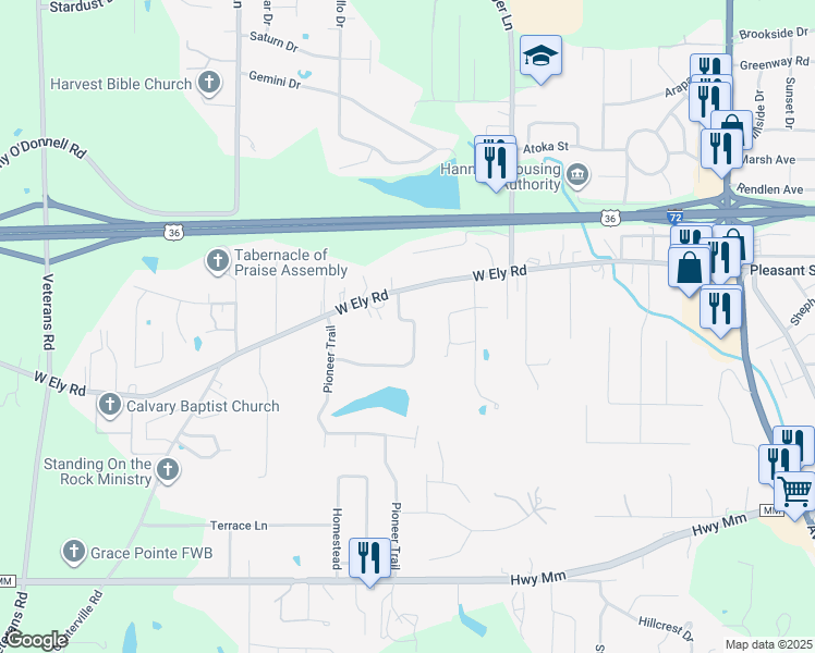 map of restaurants, bars, coffee shops, grocery stores, and more near 34 Cherokee Trail in Hannibal