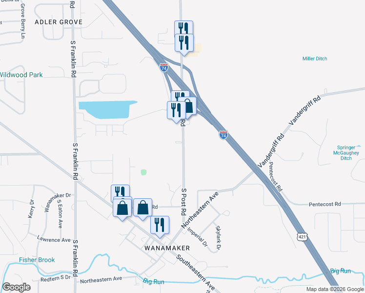 map of restaurants, bars, coffee shops, grocery stores, and more near 3940 South Post Road in Indianapolis