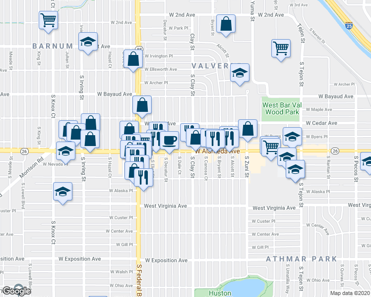 map of restaurants, bars, coffee shops, grocery stores, and more near 296 South Dale Court in Denver