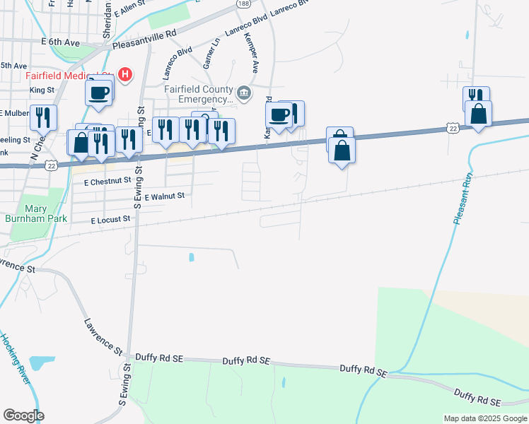 map of restaurants, bars, coffee shops, grocery stores, and more near 1660 East Main Street in Lancaster