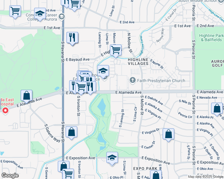 map of restaurants, bars, coffee shops, grocery stores, and more near 11103 East Alameda Avenue in Aurora