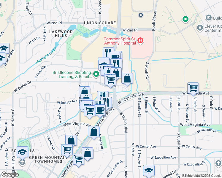 map of restaurants, bars, coffee shops, grocery stores, and more near 305 South Union Boulevard in Lakewood