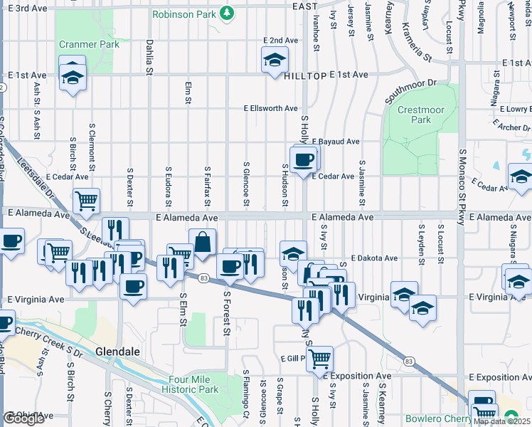 map of restaurants, bars, coffee shops, grocery stores, and more near E Alameda Ave & S Grape St in Denver