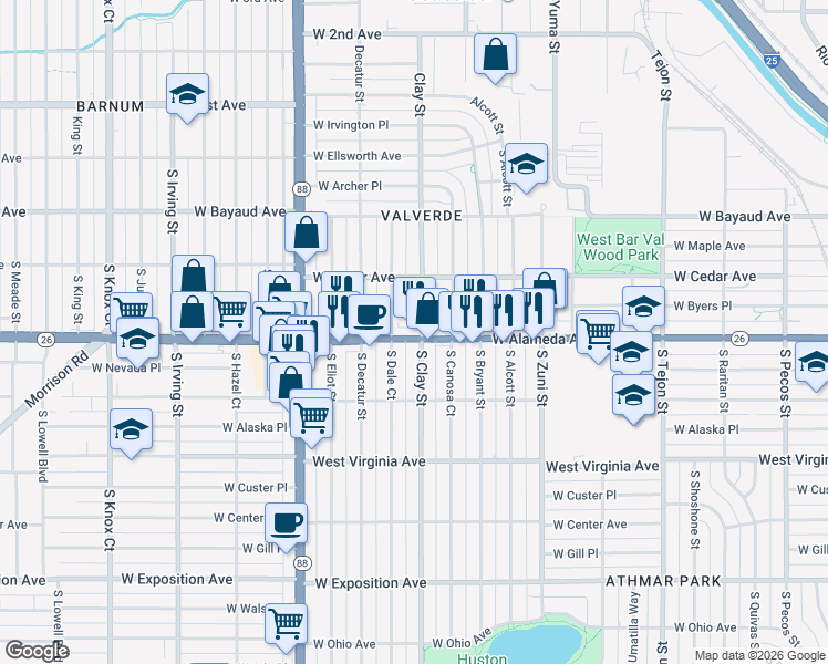 map of restaurants, bars, coffee shops, grocery stores, and more near 296 South Dale Court in Denver