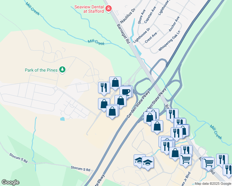 map of restaurants, bars, coffee shops, grocery stores, and more near 219 Stafford Park Boulevard in Stafford Township