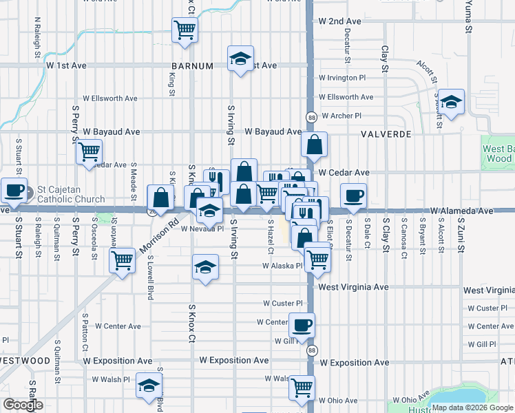 map of restaurants, bars, coffee shops, grocery stores, and more near 3188 West Alameda Avenue in Denver