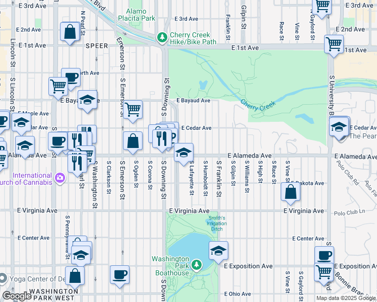map of restaurants, bars, coffee shops, grocery stores, and more near 293 North Lafayette Street in Denver