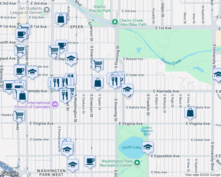 map of restaurants, bars, coffee shops, grocery stores, and more near 308 South Corona Street in Denver