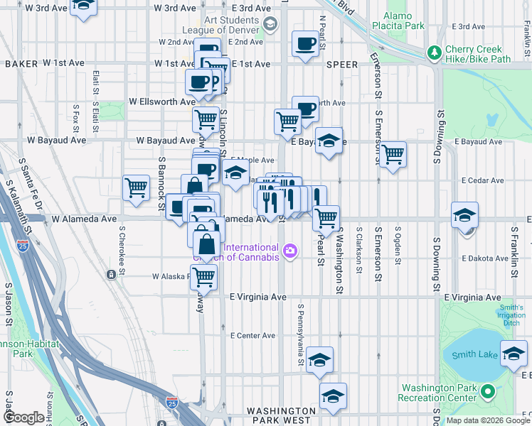 map of restaurants, bars, coffee shops, grocery stores, and more near 330 East Alameda Avenue in Denver