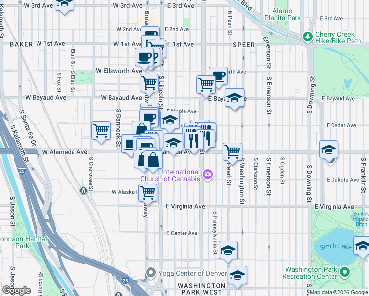 map of restaurants, bars, coffee shops, grocery stores, and more near 300 South Sherman Street in Denver