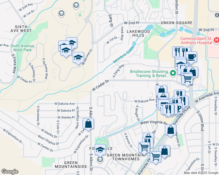 map of restaurants, bars, coffee shops, grocery stores, and more near 12769 West Dakota Avenue in Lakewood