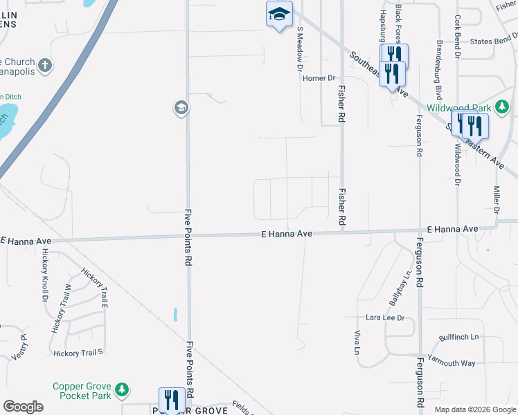 map of restaurants, bars, coffee shops, grocery stores, and more near 7172-7398 East Hanna Avenue in Indianapolis
