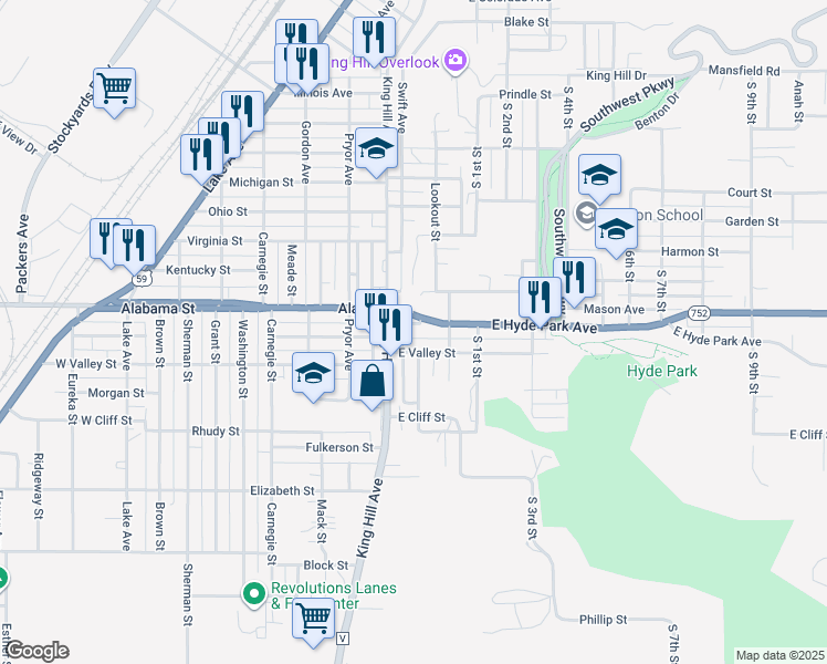 map of restaurants, bars, coffee shops, grocery stores, and more near 17 East Valley Street in Saint Joseph