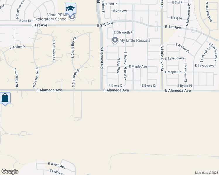 map of restaurants, bars, coffee shops, grocery stores, and more near 25044 East Byers Drive in Aurora