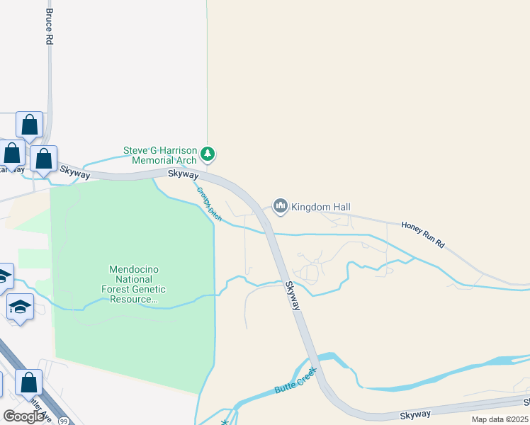 map of restaurants, bars, coffee shops, grocery stores, and more near 2 Honey Run Road in Chico