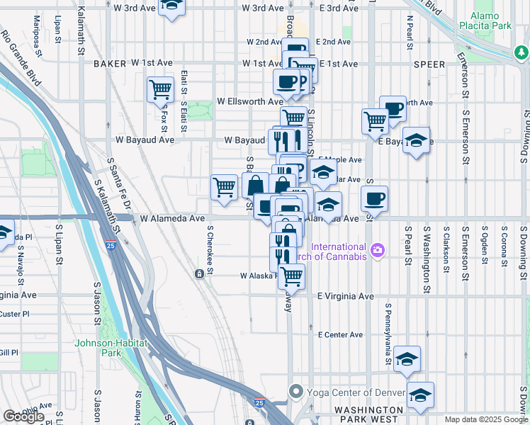 map of restaurants, bars, coffee shops, grocery stores, and more near 63 West Alameda Avenue in Denver