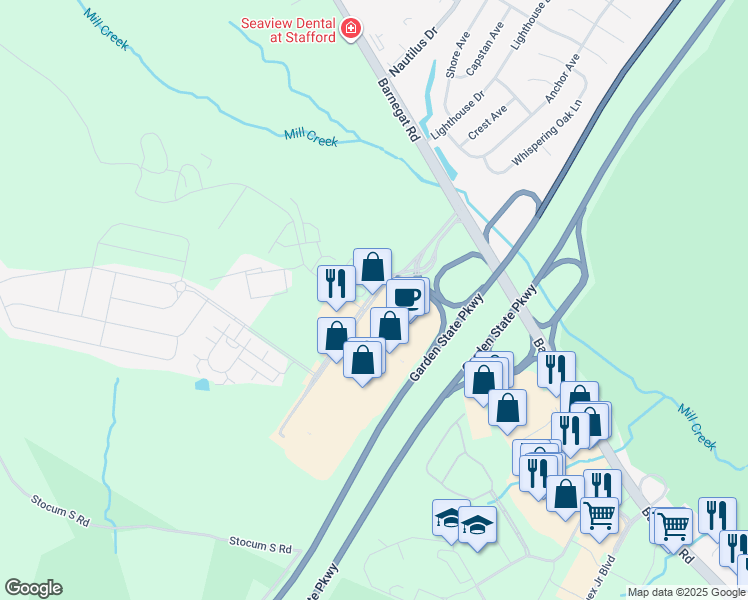 map of restaurants, bars, coffee shops, grocery stores, and more near 209 Stafford Park Boulevard in Stafford Township