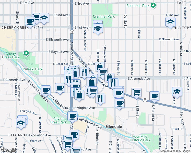 map of restaurants, bars, coffee shops, grocery stores, and more near E Alameda Ave & S Leetsdale Dr in Denver